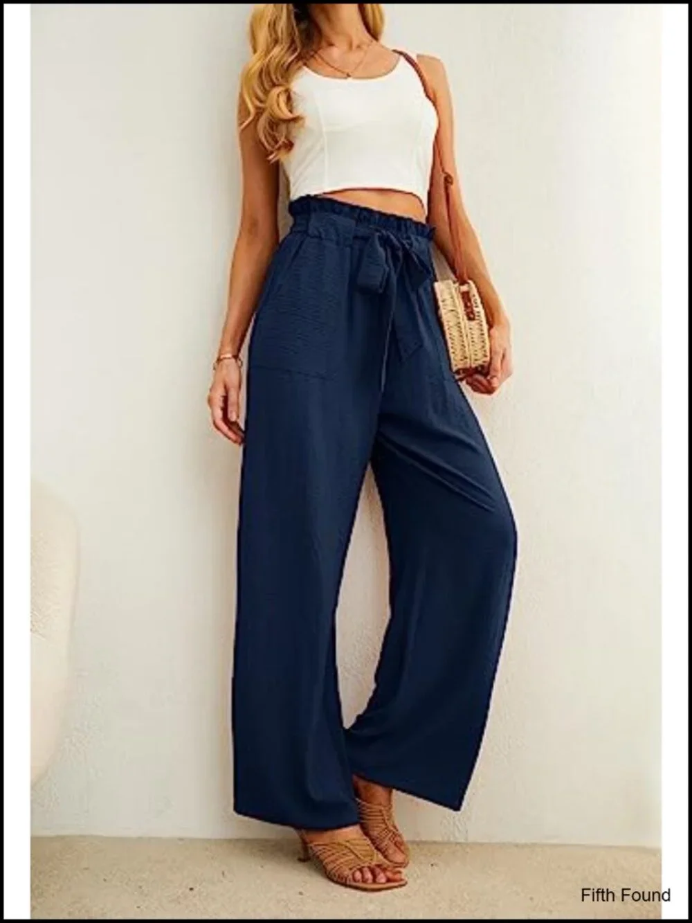 High Waist Palazzo Pants, Adjustable Knot Ankle Wide Leg Trousers with Pockets